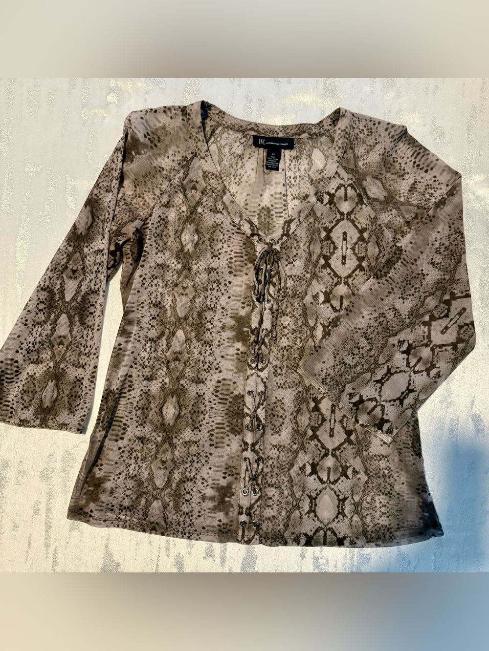INC International Concepts Olive Green Snake-Print Lace-Up V-Neck Blouse